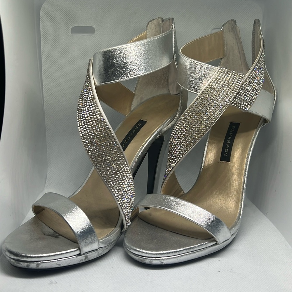 Strappy silver rhinestone zip up heels